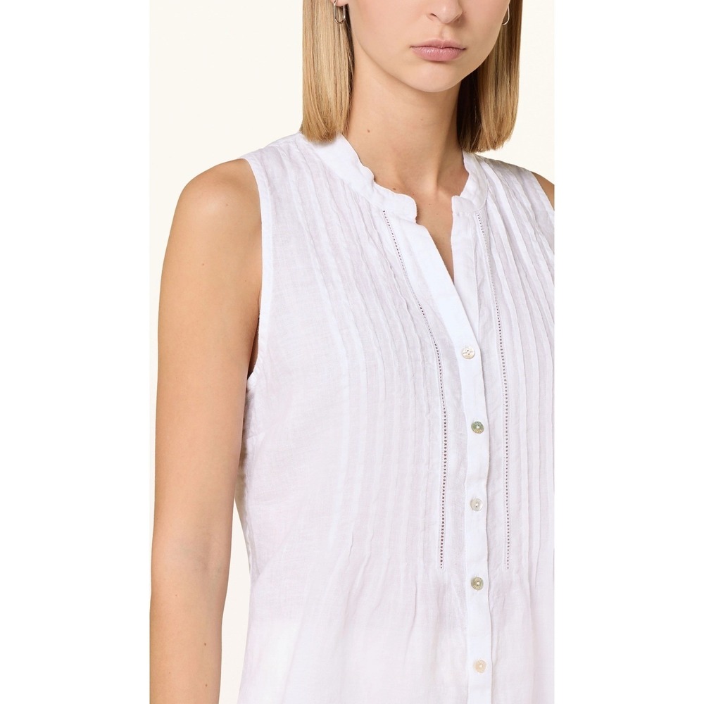 120% Lino White Linen Sleeveless Pintuck Button Down Top Womens 38 XXS $239